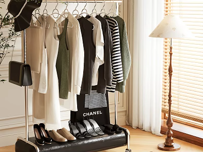Stylish Garment Rack With Hanging Clothes Various Colors Shoes Chanel Bag And Floor Lamp 3d model