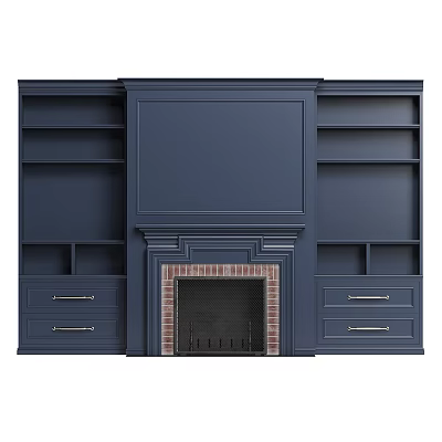 Fireplace with Navy Blue Cabinetry Built-in Bookshelves Brick Surround and Drawers 3d model