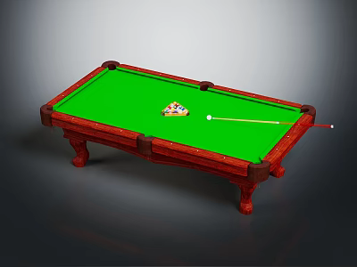 Classic Mahogany Billiard Table With Green Felt Surface Billiard Balls And Cue Stick 3d model