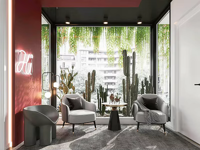 Modern Window Display with Red Wall Hanging Green Vines Cacti Gray Armchairs and Round Table 3d model