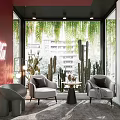 Modern Window Display with Red Wall Hanging Green Vines Cacti Gray Armchairs and Round Table
