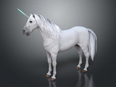 White Unicorn With Silver Mane Tail And Blue Horn Standing On Dark Background 3d model