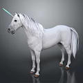 White Unicorn With Silver Mane Tail And Blue Horn Standing On Dark Background