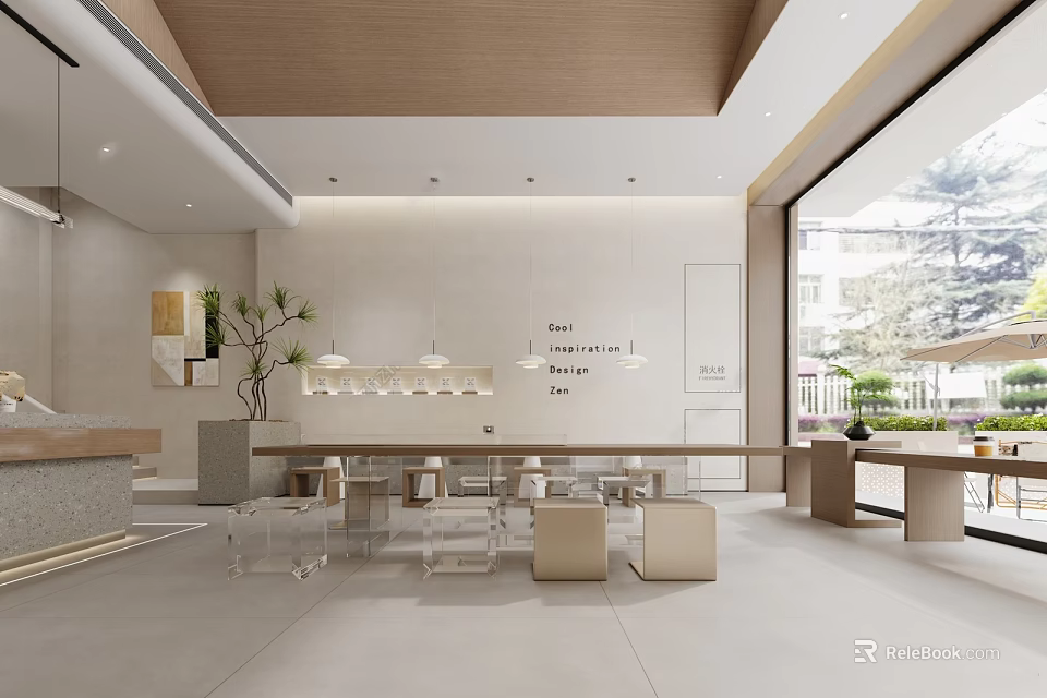 Modern Café Interior Design Featuring Wooden Ceiling Cozy Seats Green Plants And Large Windows 3d model 