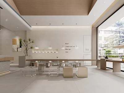 Modern Café Interior Design Featuring Wooden Ceiling Cozy Seats Green Plants And Large Windows 3d model