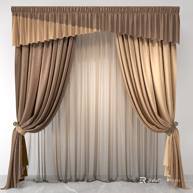 Brown and Beige Double Layer Curtains with Pleated Design and Sheer Tiebacks 3d model 