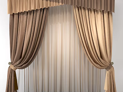 Brown and Beige Double Layer Curtains with Pleated Design and Sheer Tiebacks 3d model