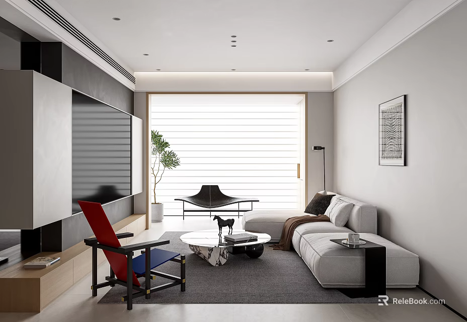 Modern Living Dining Room Interior With Gray Sofa Red Chair Coffee Table And Window Blinds 3d model 