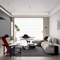 Modern Living Dining Room Interior With Gray Sofa Red Chair Coffee Table And Window Blinds