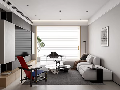 Modern Living Dining Room Interior With Gray Sofa Red Chair Coffee Table And Window Blinds 3d model