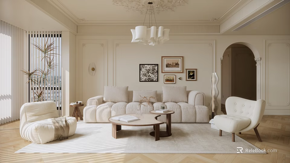 Luxurious Beige Living Room With Cloud Sofa Chandelier Framed Artworks Soft Rug And Arched Doorway 3d model 