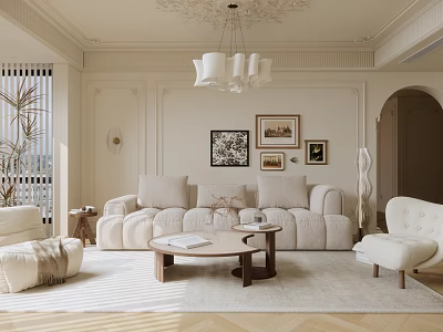 Luxurious Beige Living Room With Cloud Sofa Chandelier Framed Artworks Soft Rug And Arched Doorway 3d model