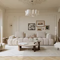 Luxurious Beige Living Room With Cloud Sofa Chandelier Framed Artworks Soft Rug And Arched Doorway