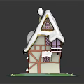 Cartoon Fairy Tale House With Snow Covered Roof Timber Frame Balcony And Green Grassy Base