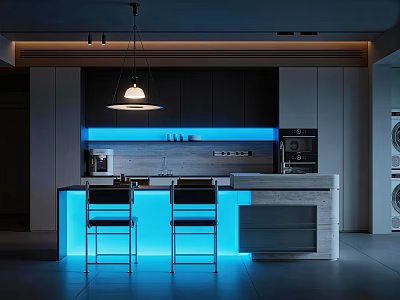 Modern Restaurant Open Kitchen Design With Island Counter Pendant Light And Blue Lighting 3d model