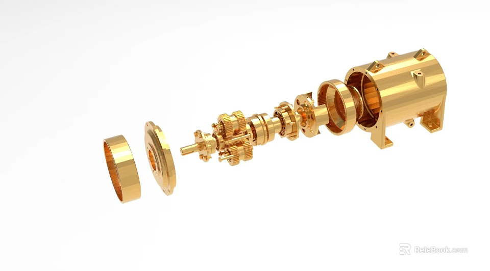 Golden Industrial Machinery Exploded View With Mechanical Components Gears Shafts And Flanges 3d model 