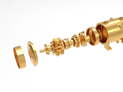 Golden Industrial Machinery Exploded View With Mechanical Components Gears Shafts And Flanges 3d model