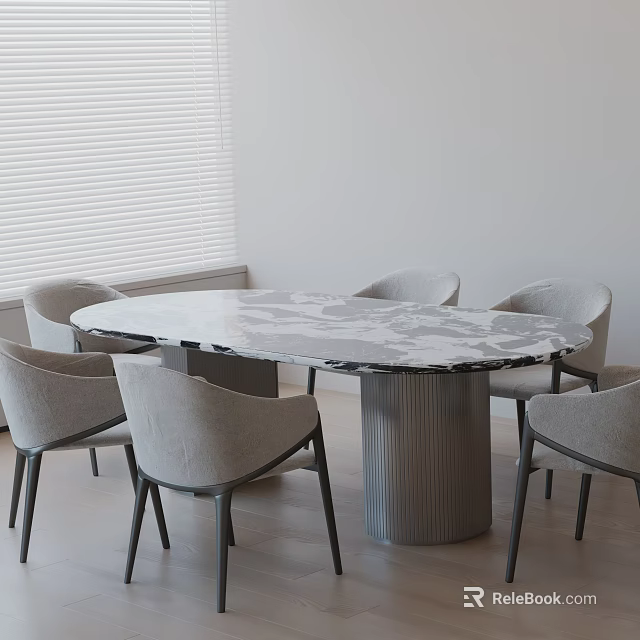 Modern Oval Dining Table Set With Marble Top And Light Gray Chairs 3d model