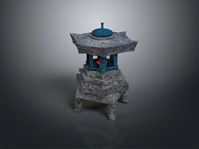 Stone Lantern with Blue Top Multi Layered Structure and Red Light in Traditional Design 3d model
