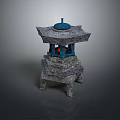 Stone Lantern with Blue Top Multi Layered Structure and Red Light in Traditional Design