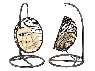 Modern Rattan Hanging Chair with Beige Cushions and Metal Stand Design 3d model