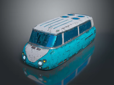 Vintage Turquoise White Bus Model with Rounded Windows Roof Vents and Weathered Texture 3d model