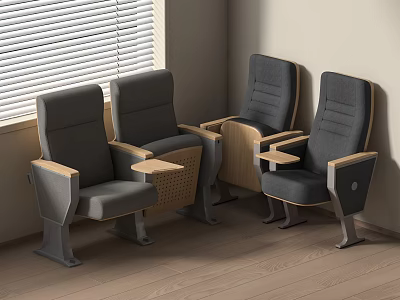 Gray Public Chairs With Wooden Armrests By Window In Indoor Setting 3d model
