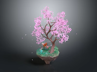Pink Cherry Blossom Tree with Small Fox Underneath Falling Petals and Island Base 3d model
