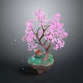 Pink Cherry Blossom Tree with Small Fox Underneath Falling Petals and Island Base
