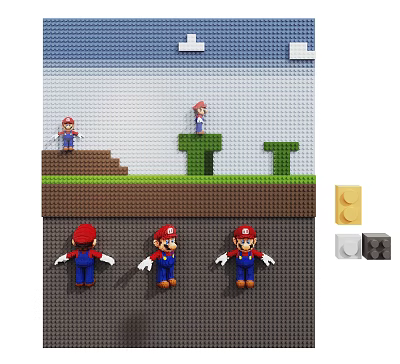 Pixel Art Style Background Wall Featuring Mario Characters Green Platforms And Brown Bricks 3d model