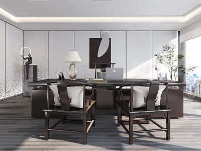 Modern Office Interior Design With Large Desk Comfortable Chairs Table Lamp Decorations And Potted Plant 3d model