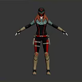 Futuristic Female 3D Character With Green Hair Helmet Black Red Outfit Gold Accents