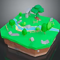 Low Poly Cartoon Scene With Green Grass Trees Stream Rocks And Fence 3d model