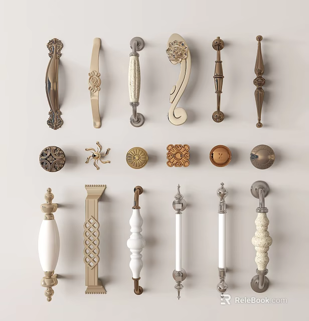 Various Decorative Door Handles With Classic Modern Designs And Metal Brass Finishes 3d model 