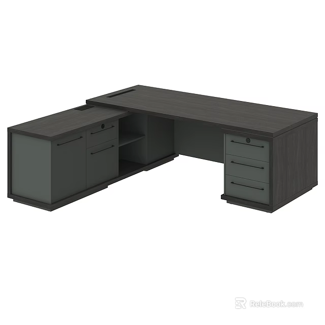 Modern L Shaped Office Desk With Dark Wood Finish And Storage Drawers 3d model 
