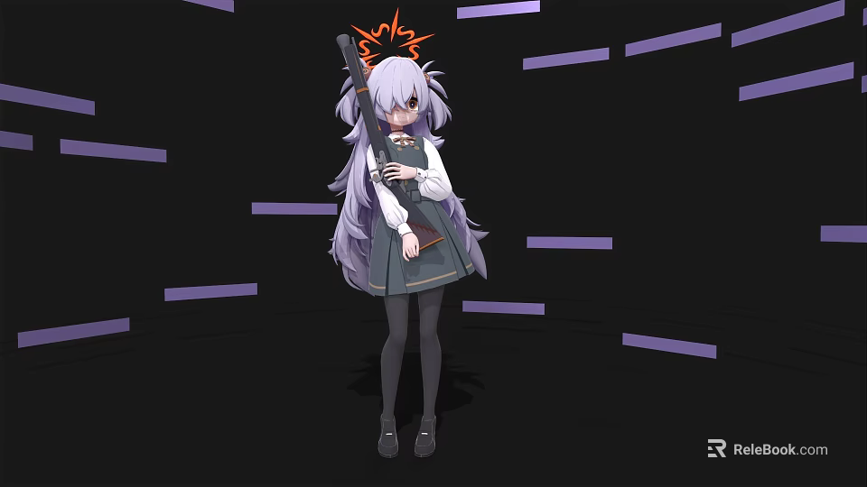 Anime Woman With Purple Long Hair Orange Crown Headpiece Gray Dress On Black Background 3d model 