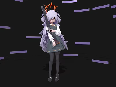 Anime Woman With Purple Long Hair Orange Crown Headpiece Gray Dress On Black Background 3d model