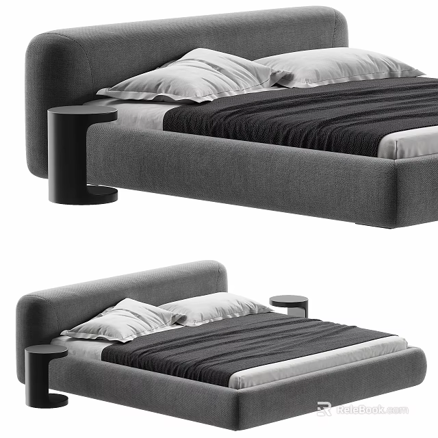 Modern Upholstered Double Bed With Gray Frame White Pillows And Black Nightstand 3d model 