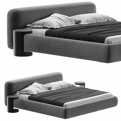 Modern Upholstered Double Bed With Gray Frame White Pillows And Black Nightstand 3d model