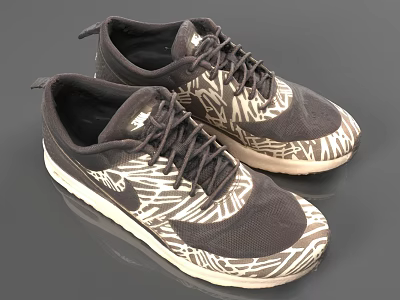 Black and White Abstract Patterned Sports Shoes With Black Laces And White Soles 3d model