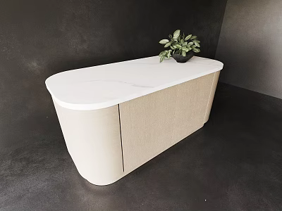 Sleek Modern Reception Desk Featuring Curved White Countertop Light Wood Cabinet And Green Potted Plant 3d model