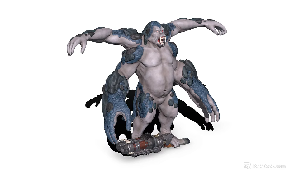 Giant Mutant Creature With Gray Blue Skin Outstretched Arms Fierce Expression And Mechanical Device 3d model 