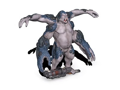 Giant Mutant Creature With Gray Blue Skin Outstretched Arms Fierce Expression And Mechanical Device 3d model