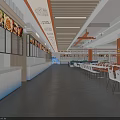 Modern Food Court Interior With Food Display Screens Counter Dining Tables And Bright Lighting