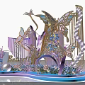 Floral Art Installation Featuring Golden Butterflies Purple Blue Flowers Beaded Accents and Gradient Decorative Base