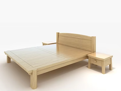 Simple Design Wooden Double Bed With Matching Nightstand And Natural Look 3d model
