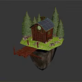 Cartoon Floating Island Scene with Wooden Cabin Pine Trees and Green Grass