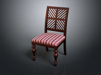 Accent Chair with Dark Brown Wooden Frame Geometric Backrest and Striped Cushion Carved Legs 3d model