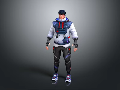 Modern Sporty Lifestyle Apparel With Blue White Top Black Pants And Purple Shoes 3d model