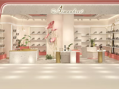 Amanlee's Modern Shoe Boutique With Pink White Decor Shoe Shelves Shoes Marble Counters And Plants 3d model